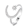 S925 sterling silver crescent moon and star open ring featuring cubic zirconia accents - Adjustable Open / White Gold