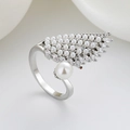 Elegant wing-shaped adjustable open ring with white pearls and sparkling cubic zirconia - Adjustable Open / White Gold