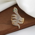 Luxurious gold-plated snake wrap ring with micro-pave zircons and green gemstone eyes - Adjustable Open / Gold