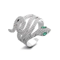 Luxury silver snake ring with pavé cubic zirconia and green gem eyes on white background - Adjustable Open / Silver