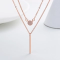 Double-layered rose gold necklace with crystal circle and vertical bar pendants - Rose Gold