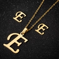Golden vintage stainless steel letter E initial pendant necklace and earrings set - E Gold