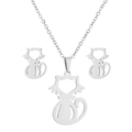 Parure de bijoux 3 pièces en acier inoxydable avec pendentif chat épuré et boucles d'oreilles - Silhouette de Chat (102) / Acier