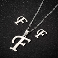Silver stainless steel jewelry set featuring a polished cursive letter F pendant and earrings - Letter F Silver Color