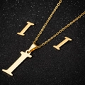 Golden stainless steel set featuring letter I pendant necklace and matching stud earrings - Gold I