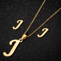 Golden stainless steel jewelry set featuring letter J pendant necklace and stud earrings - Letter J Gold