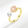 Rotating daisy flower ring with pink petals and white pearl on adjustable gold band - Gold (Pink Petals)