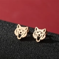 Orecchini a perno a testa di lupo stile punk in oro rosa con intagli cavi dettagliati - Oro rosa