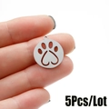 5Pcs stainless steel round hollow heart paw print pendants for DIY jewelry making - Steel
