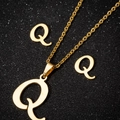 Polished gold stainless steel cursive letter Q pendant necklace and earrings set - Letter Q Gold