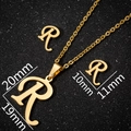 Golden stainless steel jewelry set with letter R pendant necklace and stud earrings - Letter R Gold