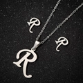 Silver stainless steel jewelry set featuring letter R pendant necklace and stud earrings - Letter R Silver Color