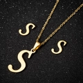 Golden stainless steel jewelry set featuring letter S pendant necklace and stud earrings - Letter S Gold