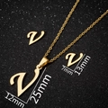 Gold stainless steel V-letter jewelry set with necklace and stud earrings size guide - Essential V Gold