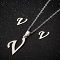 Polished stainless steel jewelry set featuring letter V pendant necklace and matching stud earrings - Letter V Silver Color