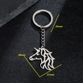 Stainless steel unicorn keychain with a minimalist hollow design and measurement details - Hollow Unicorn Style (033)