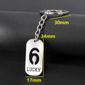 Silver stainless steel keychain with Lucky Number 6 pendant and dimension markings - Number 6