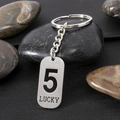 Detail showing stainless steel keychain with hollow number 5 and LUCKY engraving - Number 5