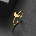 Gold stainless steel moon open ring featuring a unique twisted texture and polished finish - Moon Style (315) / Gold