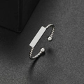 Minimalist silver twist band ring with rectangular plaque and bead ends - Rectangle Style (318) / Steel