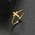 Golden stainless steel cross open ring with twisted rope texture and bead accents - Cross Style (319) / Gold