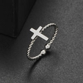 Silver stainless steel open ring with a cross charm and twisted rope band design - Cross Style (319) / Steel