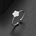 Minimalist stainless steel open ring featuring a silver floral design and twisted band - Flower Style (320) / Steel