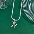 Silver stainless steel crown letter N pendant on a flat herringbone chain necklace - Letter N