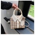 Close-up of creative shirt-shaped plaid handbag with white leather collar handles - Plaid Woolen (1133) / Off White