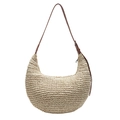 Handgewebte beige Strohtasche in Halbmondform mit verstellbarem braunem Lederriemen - Gebrochenes Weiß