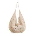 Beige hand-crocheted tote bag with colorful pearl beads in a bohemian vacation style - White