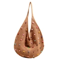 Handmade crochet tote bag with pearl embellishments and cutout weave pattern - Khaki