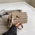 Elegant beige hand-woven leather crossbody bag with a golden metallic twist lock buckle - Khaki
