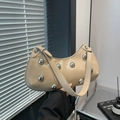 Chic apricot shoulder bag with silver stud rivets and a glossy finish - Khaki