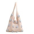 Handmade knit tote bag in cream with 3D colorful crochet flowers for a casual style - Blue
