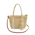 Straw woven tote bag with fringe tassels and wooden beads on white background - Off-white