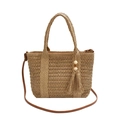 Natural straw tote bag with brown leather strap and wooden bead tassel ornament - Khaki