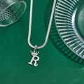 Silver letter R crown pendant necklace with flat herringbone chain in polished steel - Letter R