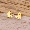 Primer plano de pendientes de delfín dorado minimalistas sobre piedra natural rosa - Dorado