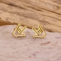 Golden hand sign earrings in minimalist heart gesture on stone, high-quality steel jewelry - Gold