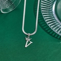 Polished silver stainless steel V-letter pendant necklace with a crown on a flat snake chain - Letter V