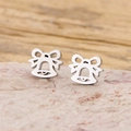 Minimalist silver stainless steel stud earrings featuring butterfly bow and bell charms - Bow Bell Style (879) / Steel