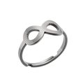 Macro detail of silver infinity symbol ring with a matte finish and adjustable open band - Infinity / Steel