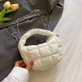 White quilted cloud handbag with silver chain strap and puffy bubble texture for women - White
