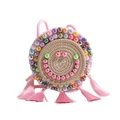 Rosafarbene gewebte runde Umhängetasche mit buntem Perlen-Smiley und Seidenquasten - Rosa
