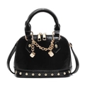 Chic black patent leather shell handbag with gold rivets and dice chain charms - Black