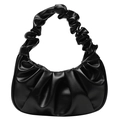 Detail der schwarzen PU-Leder-Hobo-Tasche mit Wolkenfalten und integriertem Griff - Schwarz