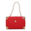 Elegante rote gesteppte Lederhandtasche mit Perlen Griff und goldenen Kamelien - Rot