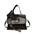 Bolso negro de cuero encerado con asa de pañuelo de seda y colgante de campana dorada - Con Colgante / Negro