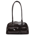 Borsa a spalla in pelle cerata marrone scuro con doppie tasche frontali con zip - caffè